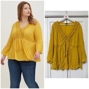 Torrid Mustard Yellow Baby Doll V-Neck Bell Sleeve Blouse 3X Boho